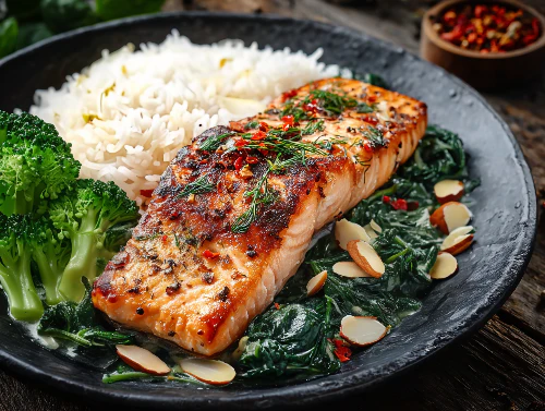 Lemon Salmon, Jasmine Rice, Broccoli, Almondine Spinach from Front Porch Pantry.
