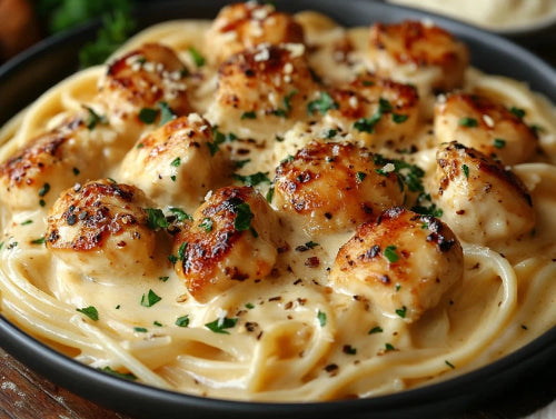 Garlic Butter Chicken Bites, Savory Creamy Parmesan Pasta