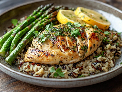 Light Lemon Dijon Chicken, Wild Rice, Asparagus