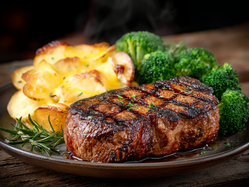 Allen Brothers Sirloin, Au Gratin Potatoes, Broccoli