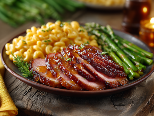 Apricot Orange Glazed Ham, Mac & Cheese, Asparagus