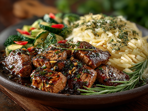 Asian Garlic Shaken Filet Mignon Steak Tips, Rice, Asian Veggies - NEW