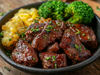 BBQ Filet Mignon Tips, Potatoes Au Gratin, Broccoli