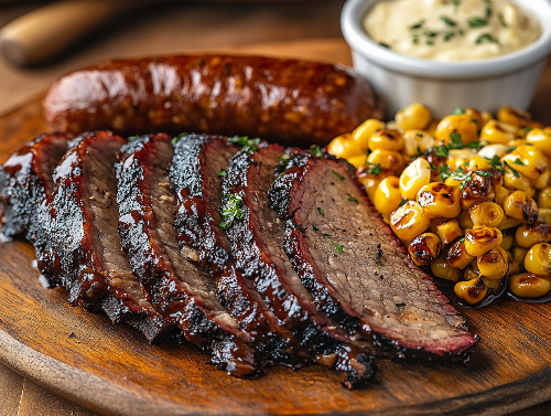 BBQ Smoked Brisket, Kielbasa Sausage, Au Gratin Potatoes and Corn