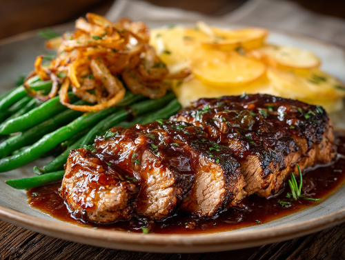 Bacon Bourbon Pork Tenderloin, Potatoes Au Gratin, Onion Straws & Green Beans