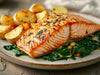 Baked Salmon, Garlic Potatoes, Spinach