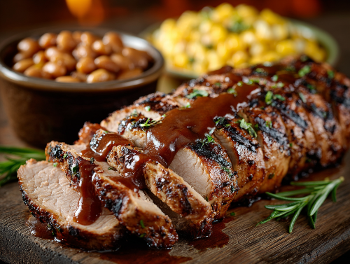 Barbecue Pork Tenderloin, Country Corn Casserole, Baked Beans