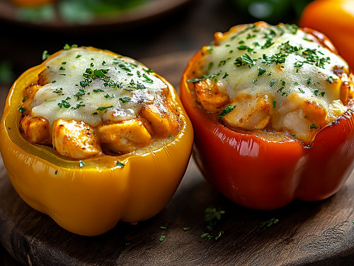 Bell Peppers Loaded With Chicken, Spinach, Mushroom, Ricotta