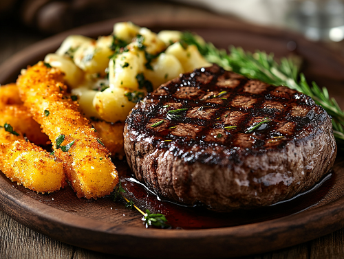 Bistro Filet Mignon, Fried Zucchini, Ranch Potato Casserole