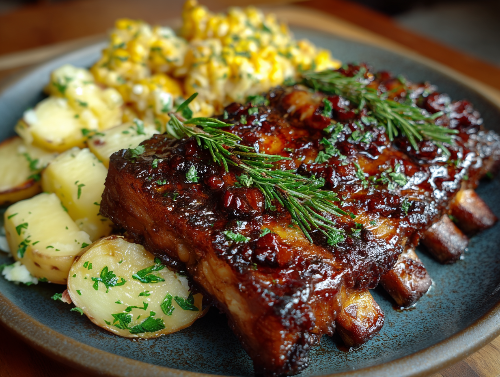 Black Cherry Glazed Ribs, Potato Casserole, Sweet Corn