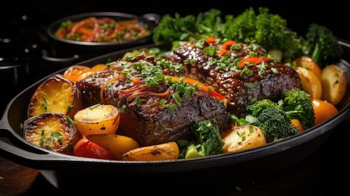 Bourbon Whiskey Glazed Beef, Yukon Potatoes, Broccoli