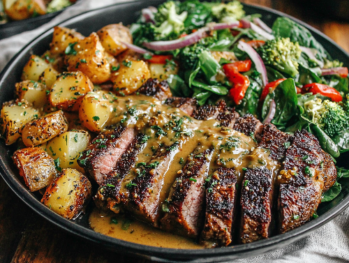 Brandy Peppercorn Steak, Sweet Red Onion Broccoli, Yukon Cubes - NEW