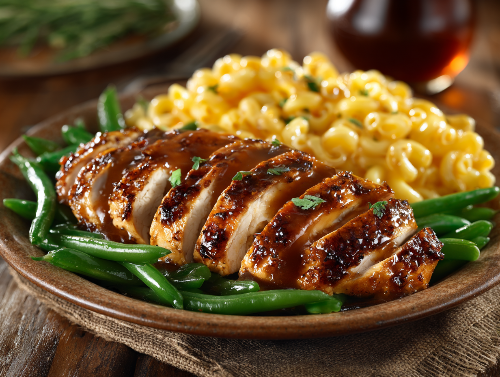 Brown Sugar Glazed Chicken, Mac & Cheese, Green Beans