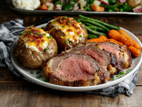 Butchers Table Prime Rib, Duo Loaded Potatoes, Veggies