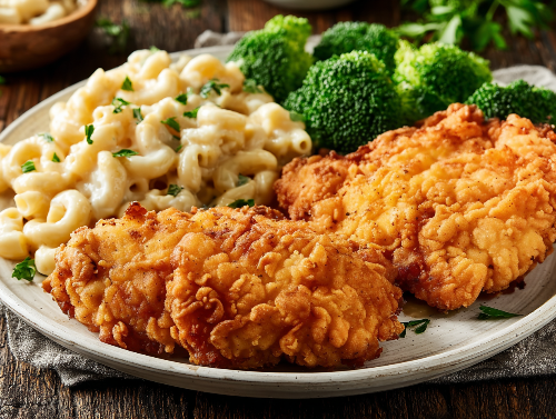 Buttermilk Fried Chicken, Mac and Cheese, Broccoli