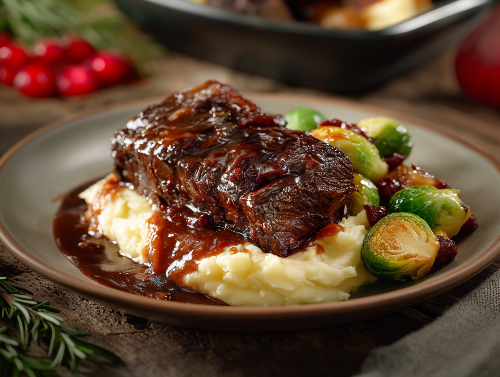 Cabernet Braised Short Ribs with Miso Pancetta & Brussels