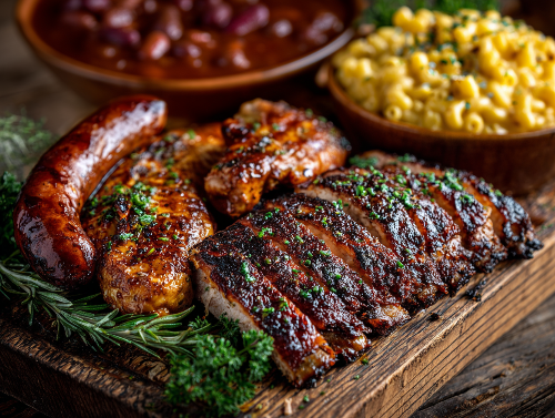 Cadillac BBQ Platter, BBQ Chili, Cheesy Mac & Cheese