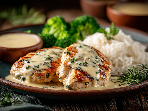 Caesar Style Chicken, Jasmine Rice, Broccoli