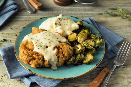 Chicken Fried Chicken, Hatch Country Gravy, Brussels, Potatoes