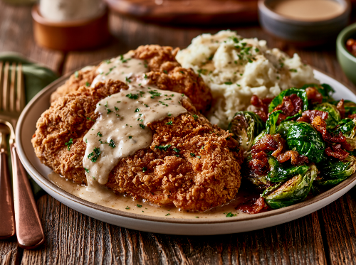Chicken Fried Chicken, Hatch Country Gravy, Brussels, Potatoes