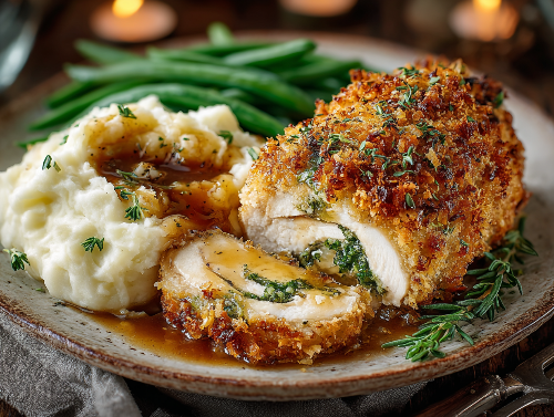 Chicken Kiev, Mashed Potatoes, Green Beans