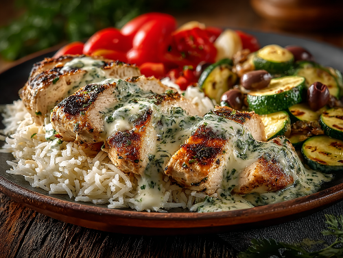 Chicken Tzatziki, Rice, Tomato Zucchini Olive Medley - NEW