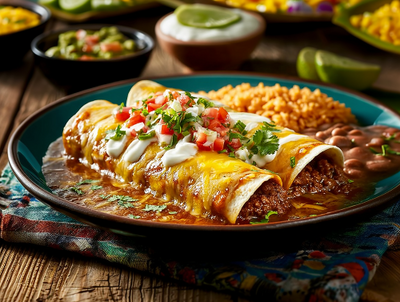 Chili Con Carne Enchiladas, Spanish Rice, Beans