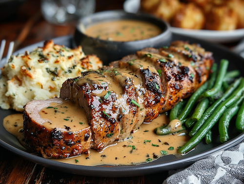 Chipotle Honey Pork Tenderloin, Hash Brown Casserole, Green Beans