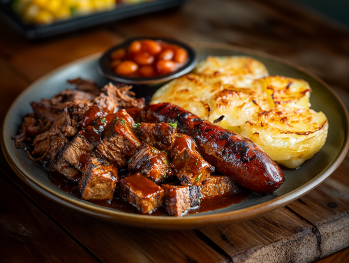 Chopped BBQ Beef, Hickory Smoke Sausage, Cheesy Potatoes, Baked Beans