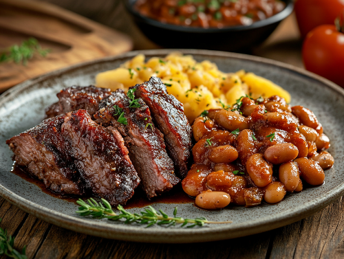 A prepared meal consisting of chopped BBQ beef, honey pleasin' beans, and corn casserole served on a plate.