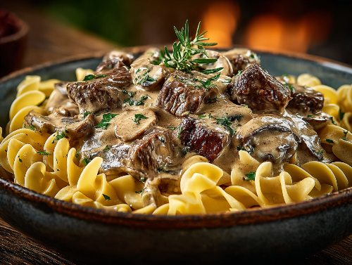 Pasta dish with meat and mushroom sauce in a bowl on a wooden table.