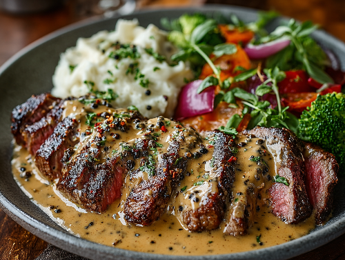 Steak with creamy sauce on a plate with mashed potatoes and vegetables