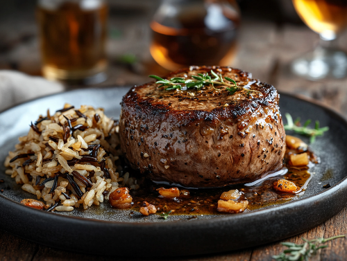 Cognac Peppercorn Filet Mignon, Wild Rice Casserole, Mixed Veggies