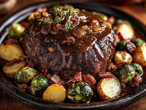 Company Pot Roast, Bacon Gravy, Yukon Potatoes, Maple Teriyaki Brussels