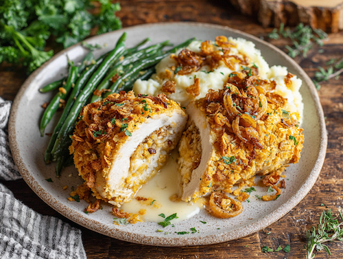Cornbread Toasted Stuffed Chicken, Potatoes, Green Beans