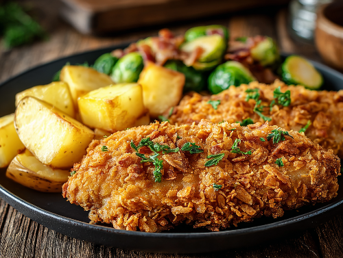 Cornflake Chicken, Maple Brussels, Yukon Gold Potatoes