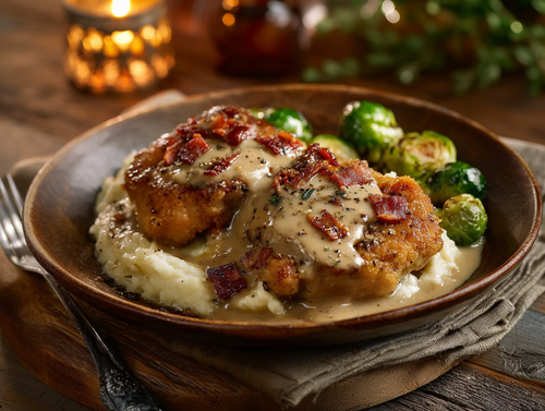 Country Fried Pork Ribeyes With Bacon Gravy, Mashed Potatoes and Maple Bacon Brussels - New