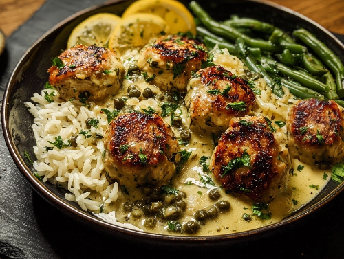 Country Style Chicken Picatta Meatballs, White Rice, Green Beans - NEW