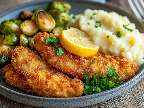 Crunchy Lemon Chicken Tenders, Mashed Potatoes, Maple Brussel Sprouts