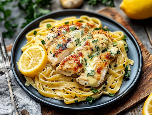 Perfect Chicken Piccata, Fettuccine, Veggies
