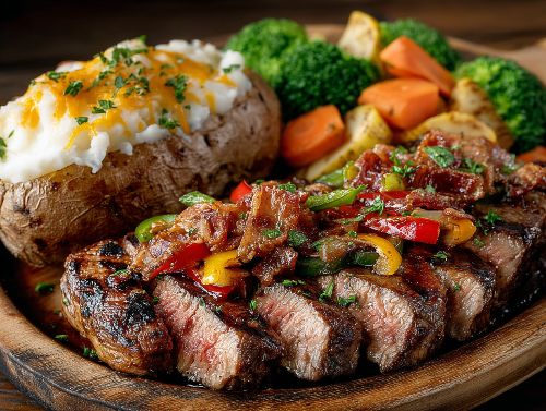 Durango Steak, Twice Baked Potato, Veggies