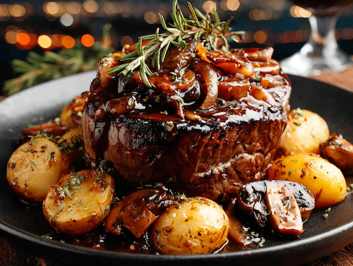 Filet Mignon, Whiskey Smoked Onions & Potatoes, Marchand de Vin Sauce