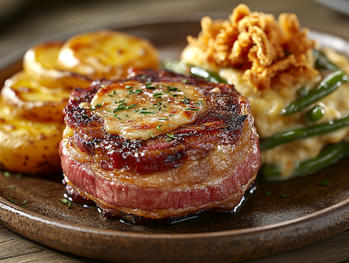 Bacon Wrapped Filet Mignon With Au Gratin Potatoes and Wild Mushroom G