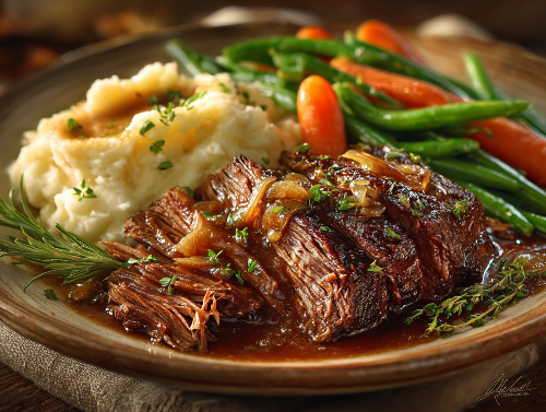 French Onion Chuck Roast, Mashed Potatoes, Veggies