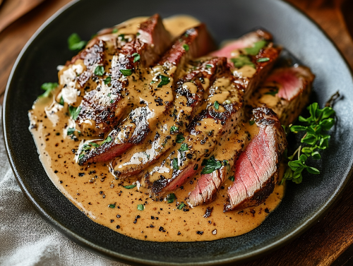 French Seared Steak, Cognac Peppercorn Sauce, Au Gratin Potatoes & Broccoli