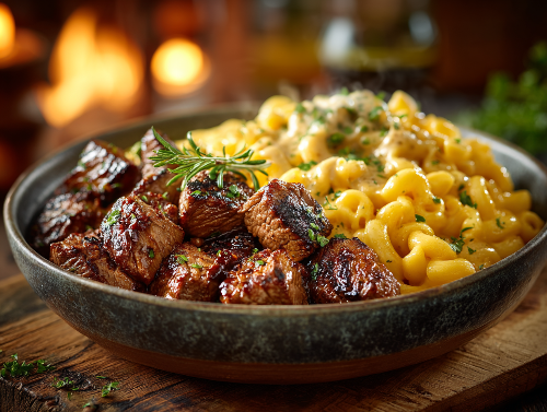 Hearty Garlic Butter Steak Bites, Creamy Pepper Jack Pasta, Green Beans