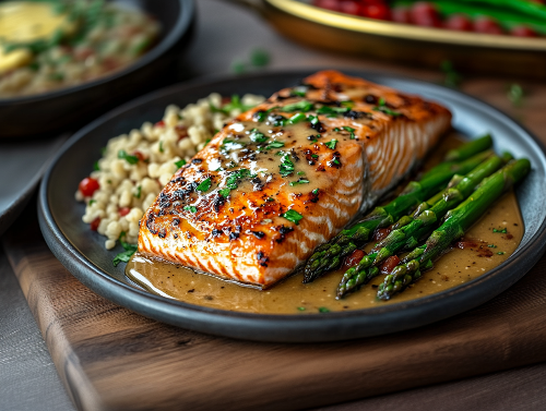 Garlic Grilled Salmon, Lemon Couscous, Asparagus