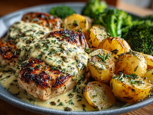Garlic, Herb Chicken, Yukon Potatoes, Broccoli