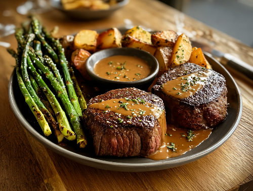 Steak with asparagus and potatoes on a plate with a side of sauce.