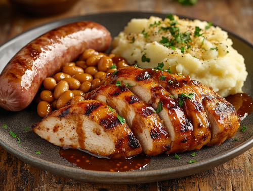 BBQ Chicken, Sweet Pepper Cheese Sausage, Mashed Potatoes, Beans